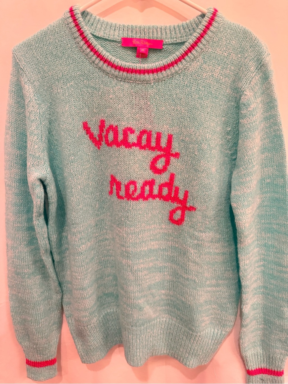 Lilly Pulitzer Aqua Crewneck Sweater with Pink "Vacay Ready" Text - Picture 3 of 3